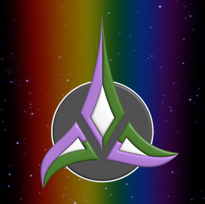 A Klingon emblem in genderqueer pride colours.